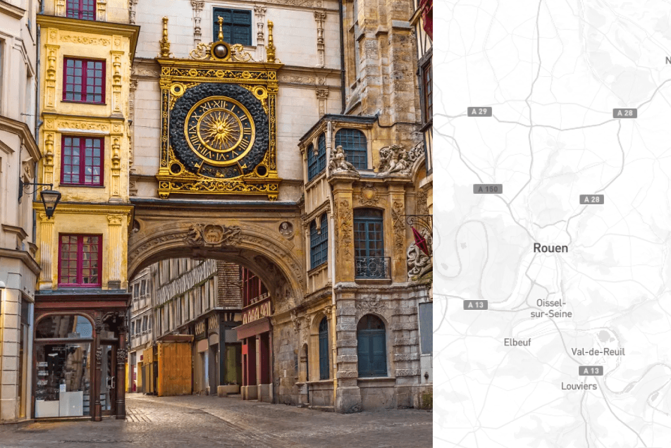 Photo d’une rue de Rouen associée à un repère sur une carte